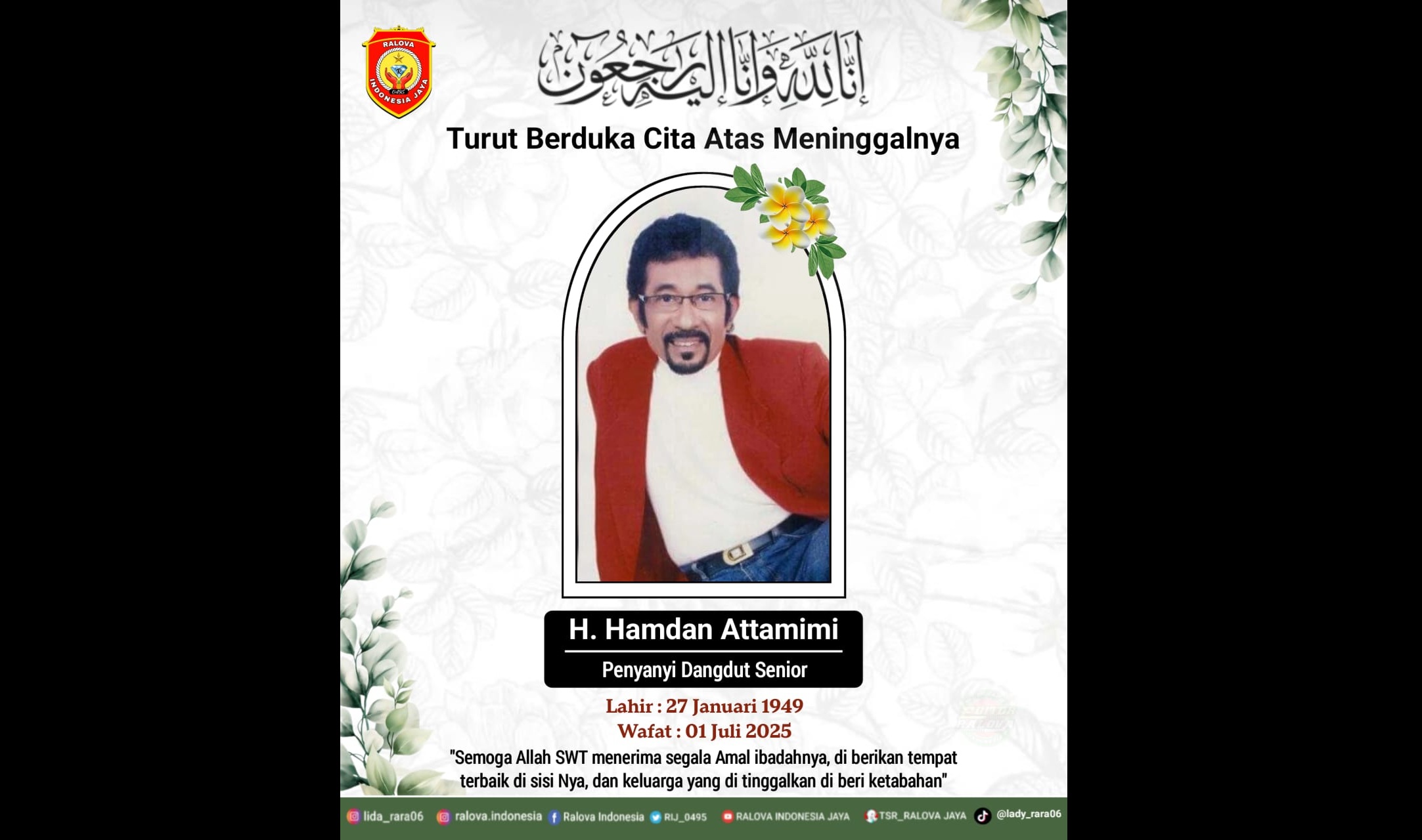 Penyanyi legendaris Hamdan ATT wafat di usia 76 tahun. (Dok. X/Ralovajawatimur)